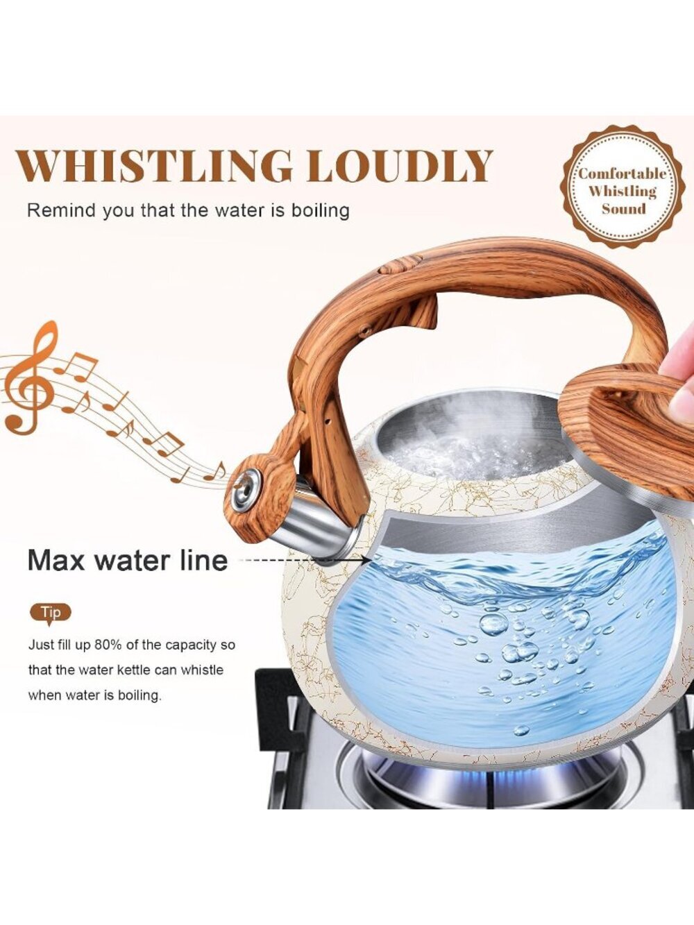 GGC 3.1QT White Art Stainless Steel Whistling Tea Kettle For Kitchen Stove Top - Picture 4 of 7